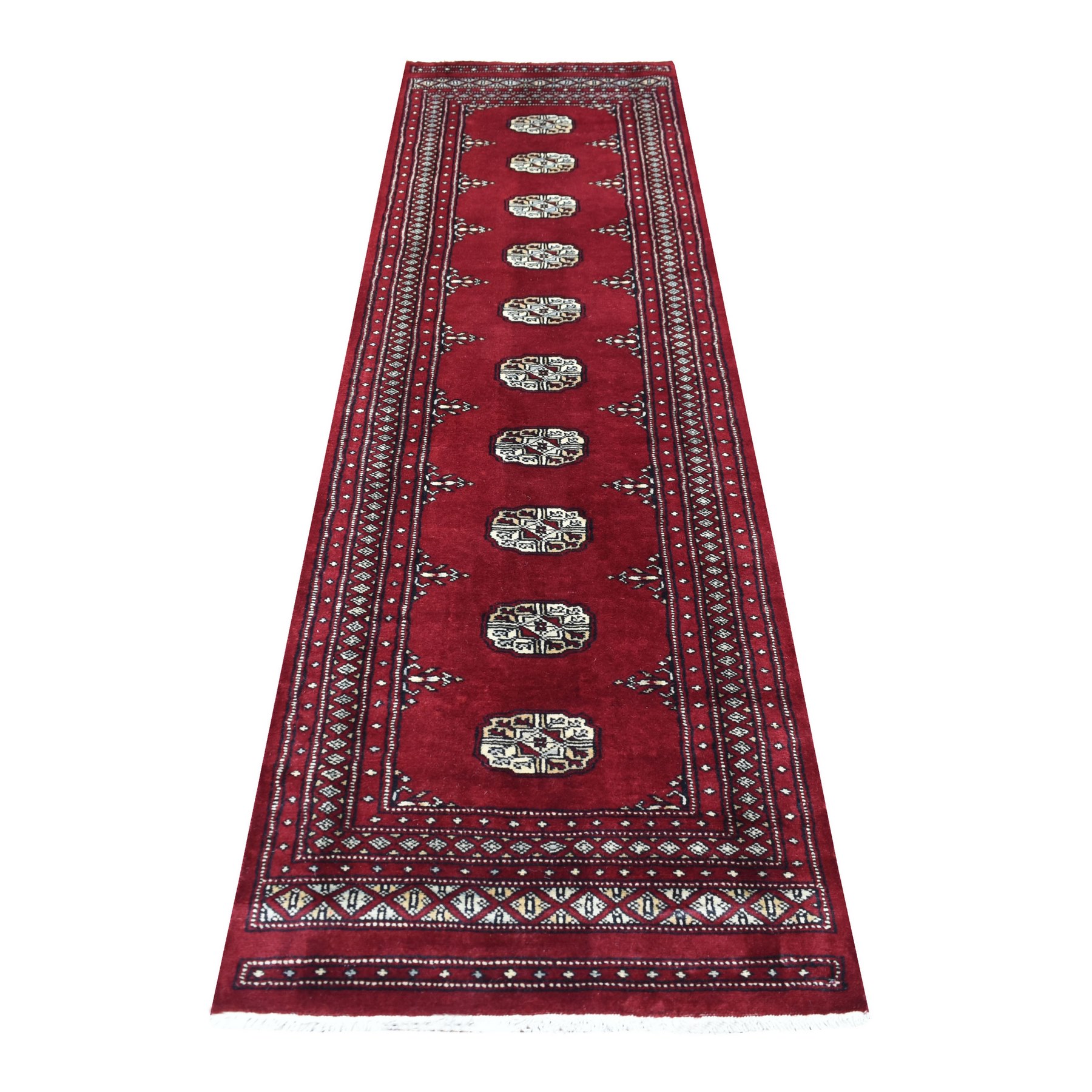 2'6"x9'1" Mori Bokara with Tribal Medallions Design Deep and Rich Red Extra Soft Wool Hand Knotted Oriental Runner Rug 